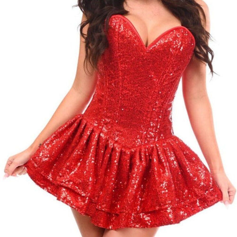 M 25"-28" Daisy Corsets red sequined corset ruffled mini dress size small medium